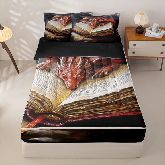 Homewish Vintage Dragon Zipper Twin Comforter Sets with Fitted Sheet and 2 Pillowcases,Magic Book Zipper Bedding Set For Kids Boys,Black Reversible,4 Pieces