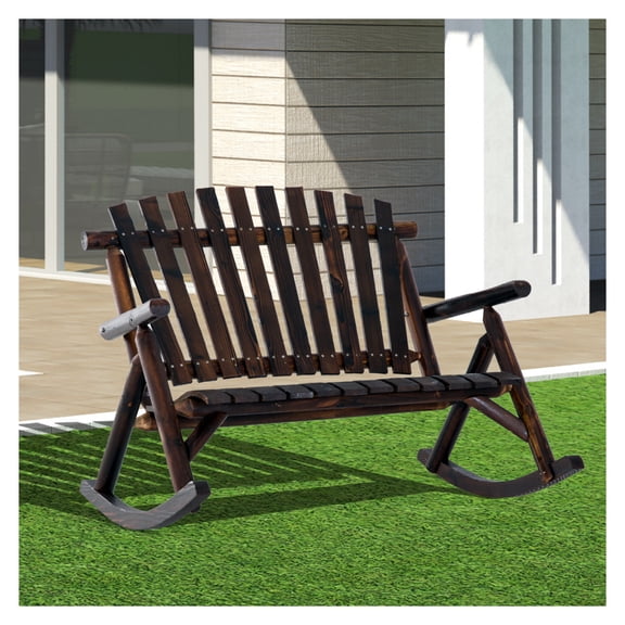 Wooden Porch Rocking Chair, Double Adirondack Rocker, Outdoor Indoor Use, High Back, Carbonized Fir Wood