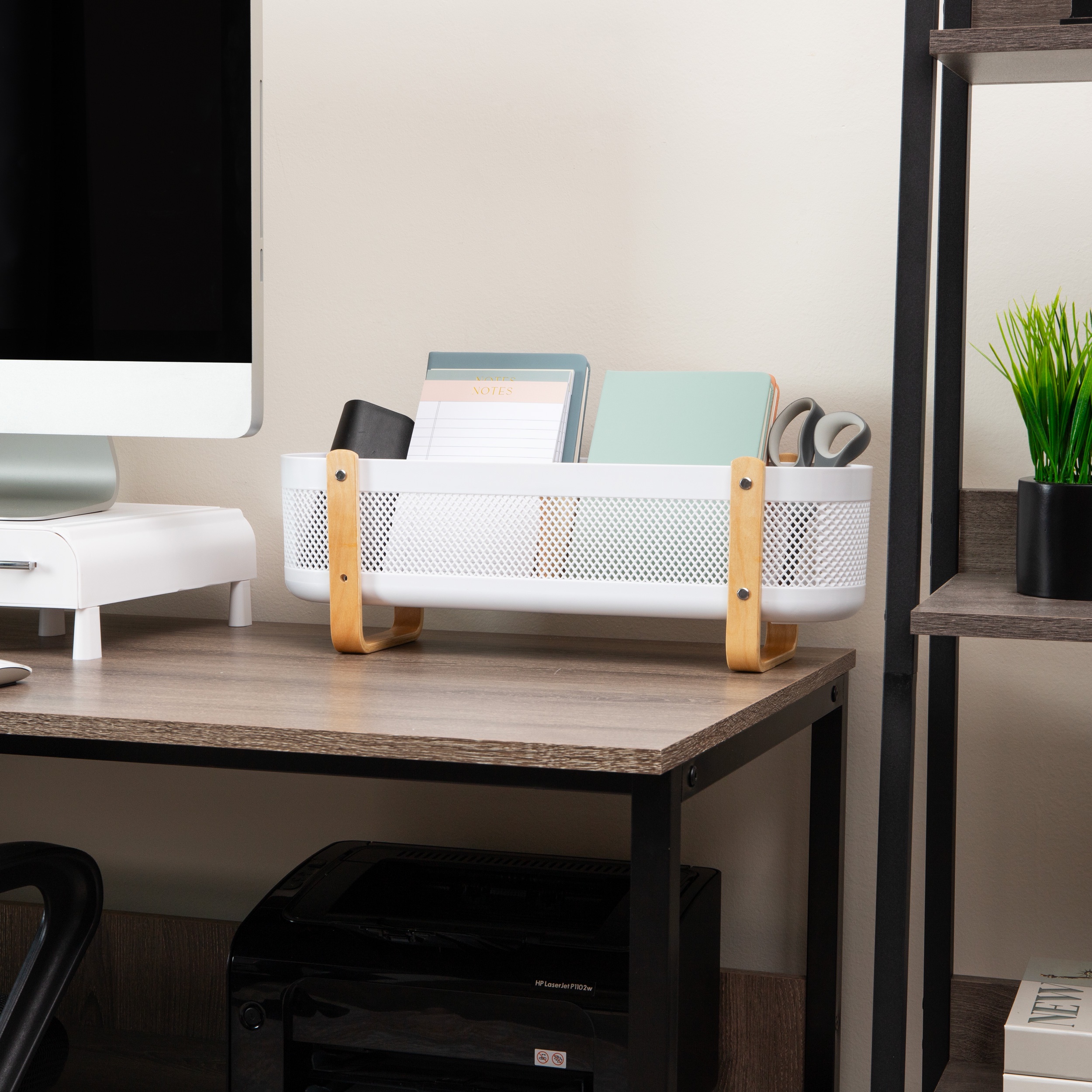 Mind Reader Divided Storage Basket with Legs, Desktop Organization, Office, Plastic, White and Brown