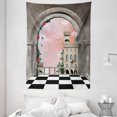 thumbnail image 1 of Fantasy Tapestry, Castle Balcony Checkered Floor Pattern Medieval Architecture Floral Arrangement, Wall Hanging for Bedroom Living Room Dorm Decor, 60W X 80L Inches, Multicolor, by Ambesonne, 1 of 2