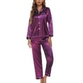 thumbnail image 4 of Women's 2 Piece Silk Pajama Set Summer Cool Silky Spring Satin Pj Set Fall Sleepwear Long Sleeve Button Down Collared Soft Lightweight Purple Medium, 4 of 5