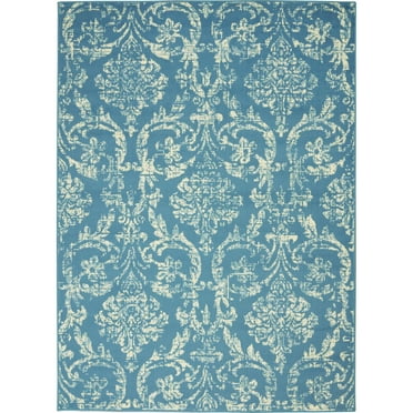 HomeRoots 6' X 9' Blue Damask Power Loom Area Rug