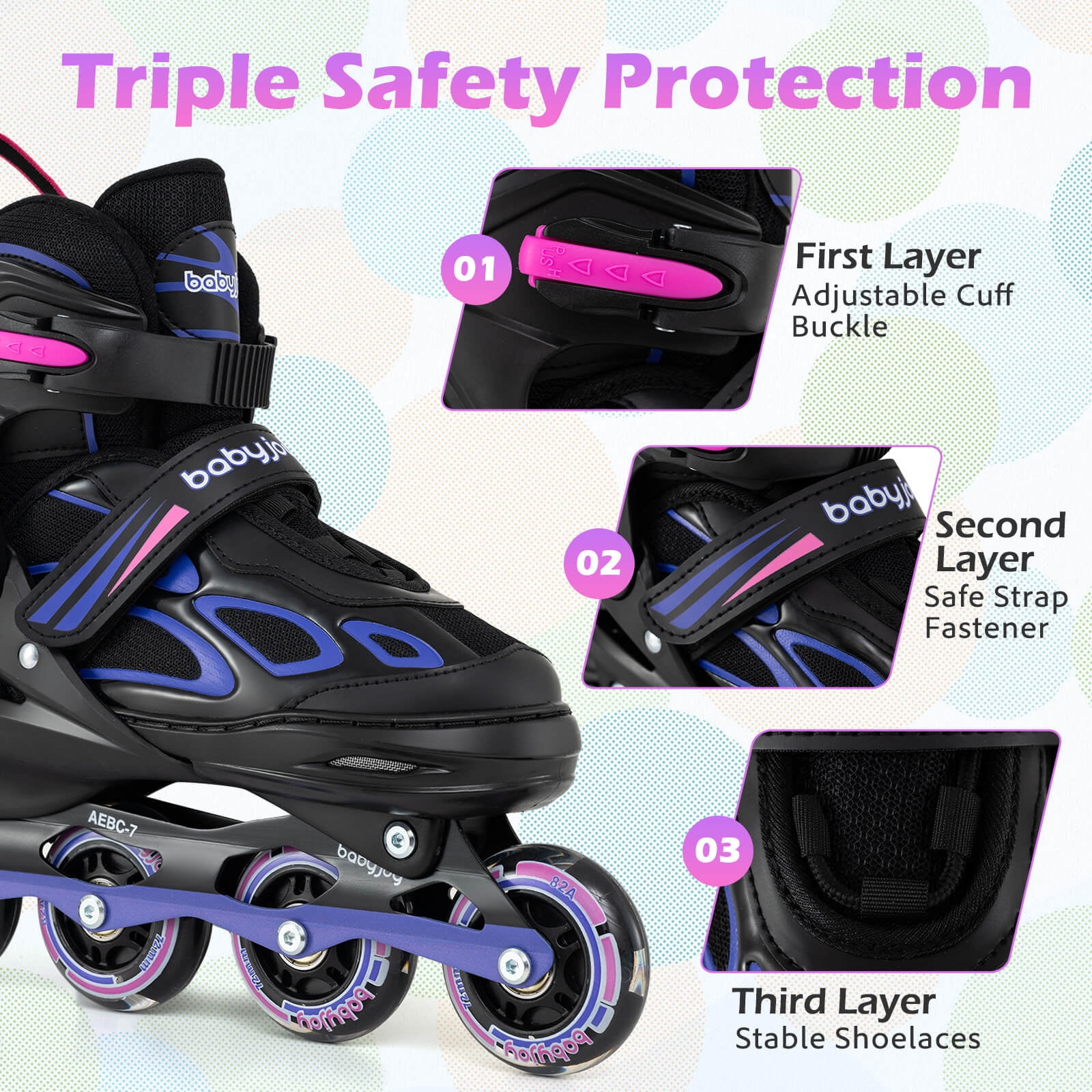 Babyjoy Adjustable Kids’ Inline Skates Ages 9-14 4 Sizes Adjustable Blade Roller with Light-up Wheels Purple & Black
