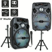 Portable Bluetooth Speaker with Stand, 8" 12" 15" Subwoofer, Heavy Bass PA System, TWS, FM, AUX, LED Lights, Mic, Tripod, Handle, for RV Car Truck Karaoke, Rechargeable