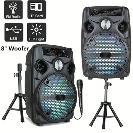 Portable Bluetooth Speaker with Stand, 8" 12" 15" Subwoofer, Heavy Bass PA System, TWS, FM, AUX, LED Lights, Mic, Tripod, Handle, for RV Car Truck Karaoke, Rechargeable