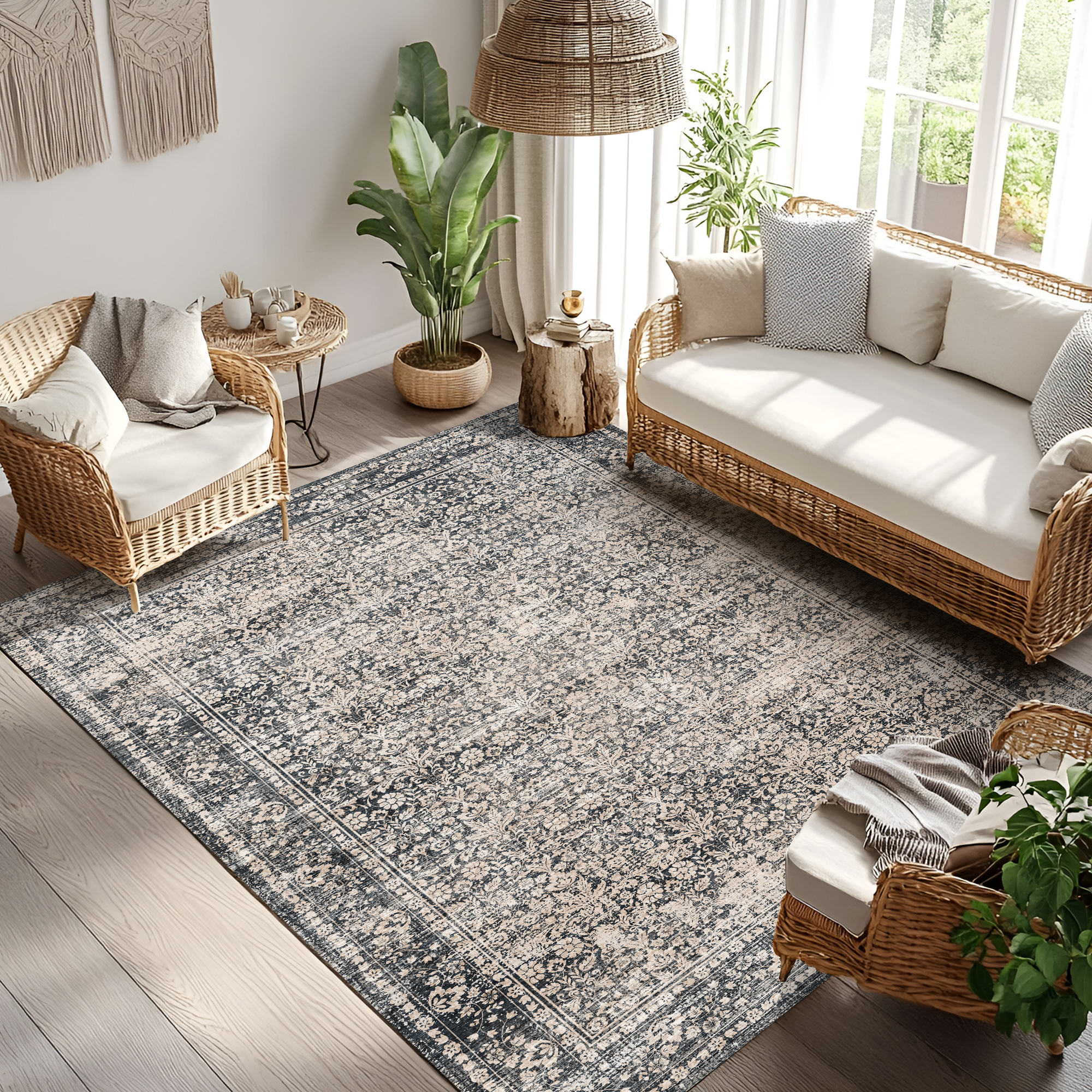 Pentantan 9'x12' Area Rugs, Washable Vintage Boho Rugs for Living Room, Retro Soft Indoor Carpet for Bedroom, Dining Room, Office, Black