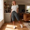 thumbnail image 5 of Inglocry Bermuda Shorts for Women Knee Length Long Shorts Elastic Waist Drawstring Linen Capris Summer Casual Pedal Pushers with Pocket Gray S, 5 of 8