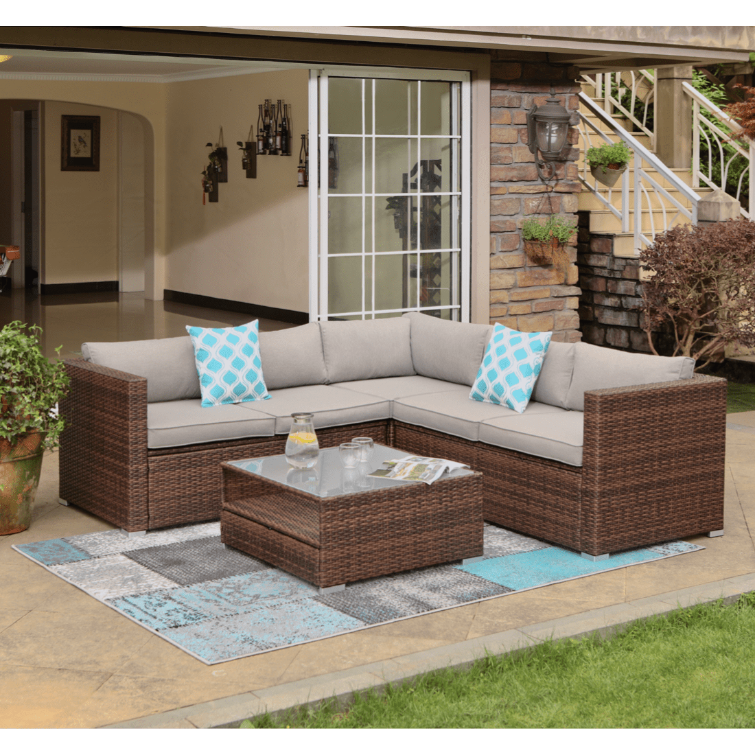 Brown Wicker Patio Sofa Couch Outdoor Rattan Furniture Lounge Cushion Adjustable 