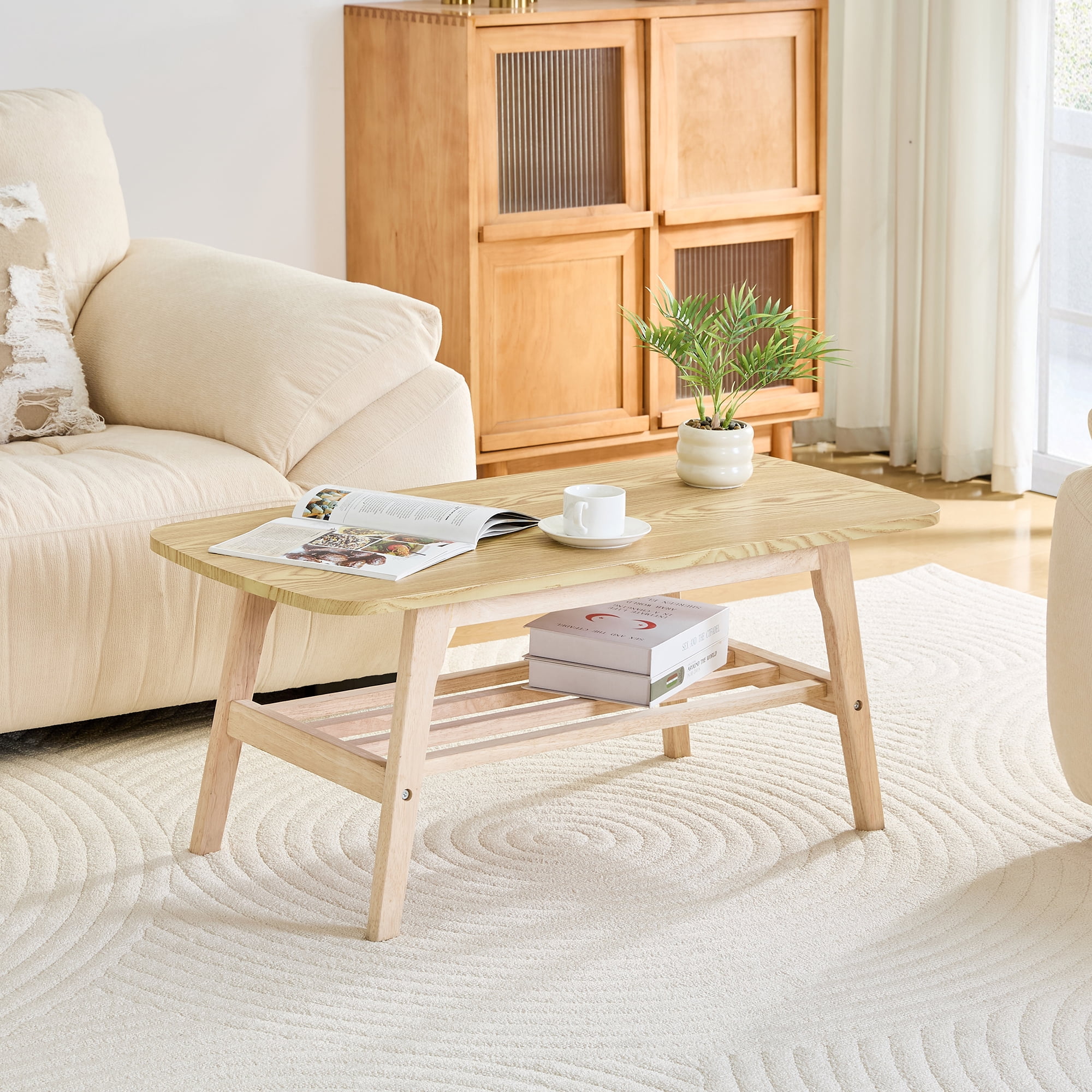 39 Inch Solid Wood Coffee Table, Double-Layer Storage Center Table, Modern Wooden Accent Table for Living Room Apartment Office