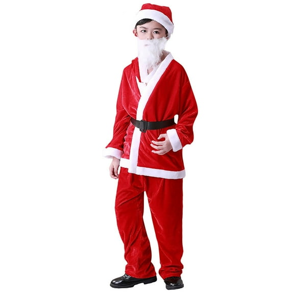 Otqutp Toddler Kids Boy Santa Dress up, Cardigan Coat   Pants   Hat   Beard 5 Pcs Red Christmas Clothes Kids Xmas Outfits