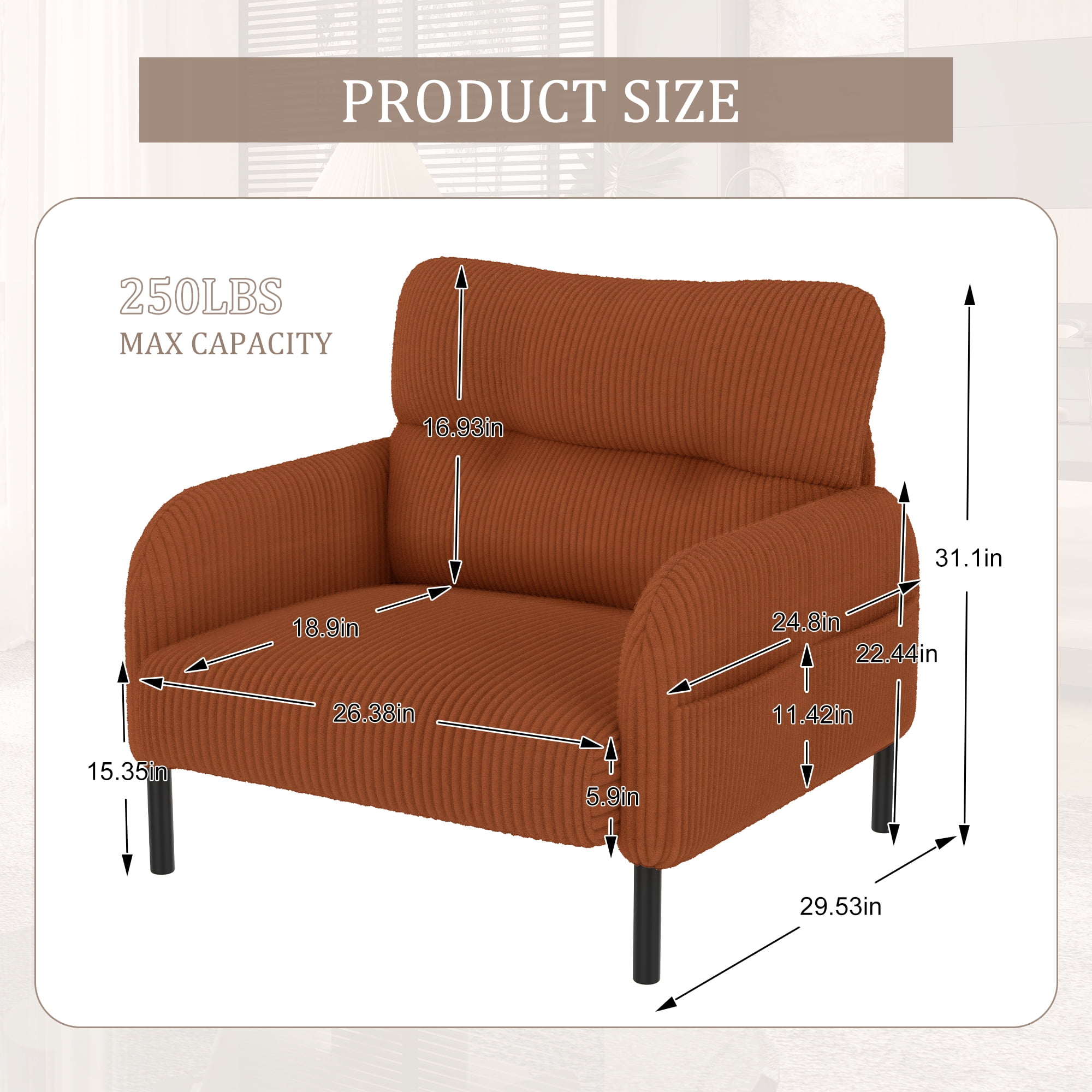 Modern Accent Chair,Armchair,Corduroy Fabric Sofa Chairs,Upholstered Armchair for Living Room,Bedroom,Office,Orange