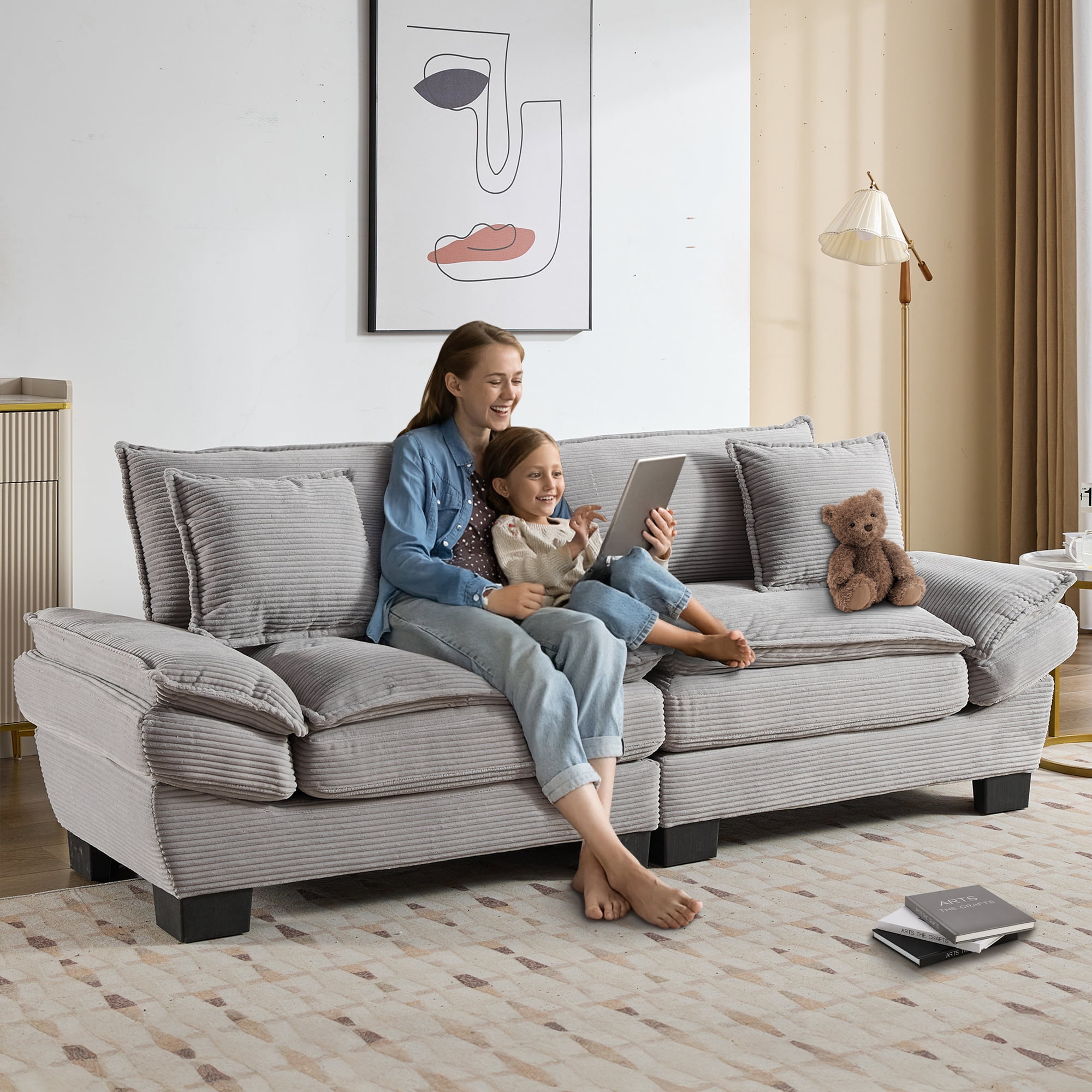 Dinosisco 84"L Deep Seat Sofa, Corduroy Upholstered Sleeper Couch for Living Room, Light Gray