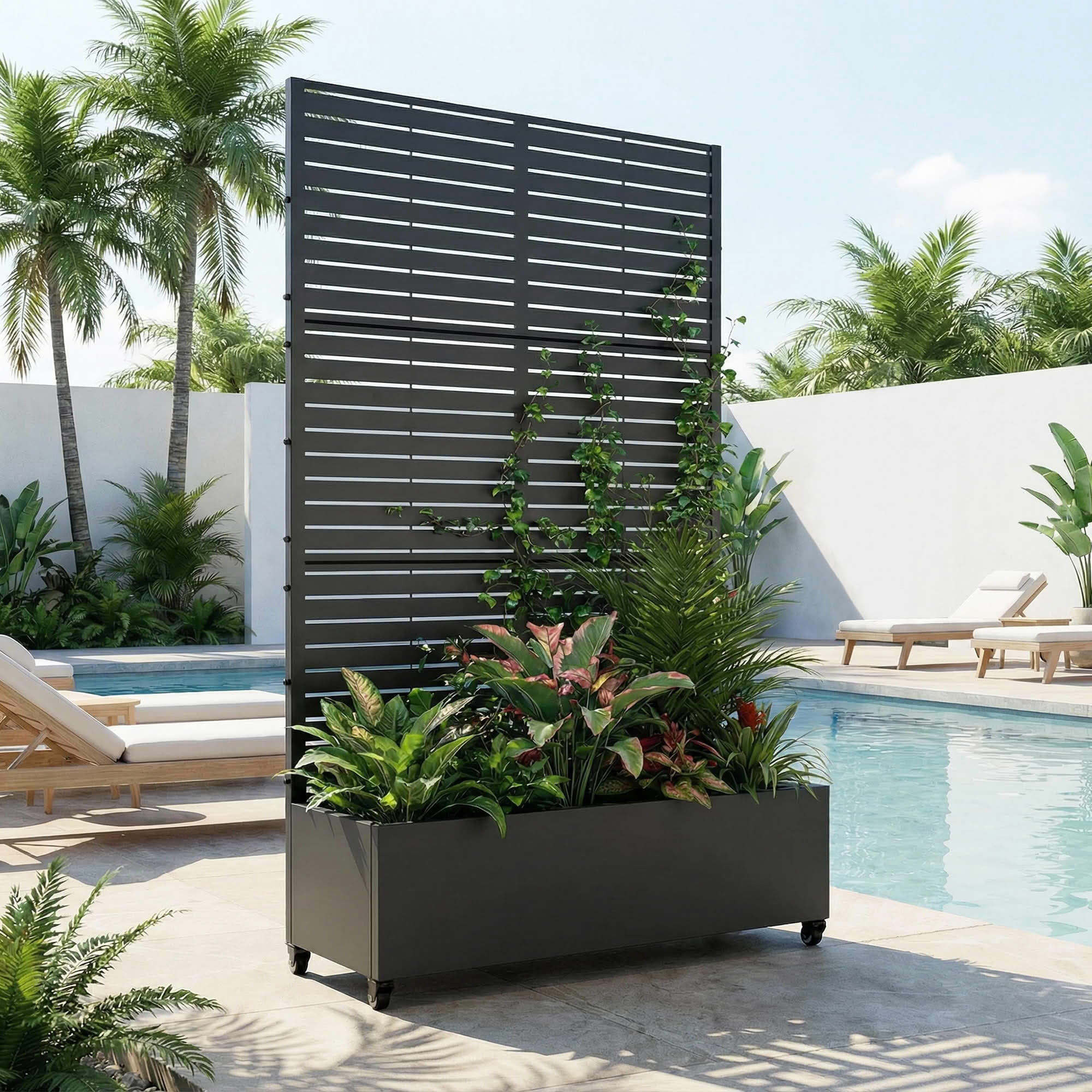 MAYEERTY 1-Pc 6 × 4FT Black Metal Raised Planter Box with Classic Louvered Trellis, 5-Pnl, for Patio Garden