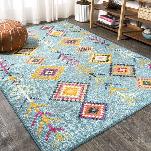 JONATHAN Y MOROCCAN HYPE 5 x 8 Area Rug, Tribal Love Geometric - Light Blue/Multi, MOH105D-5