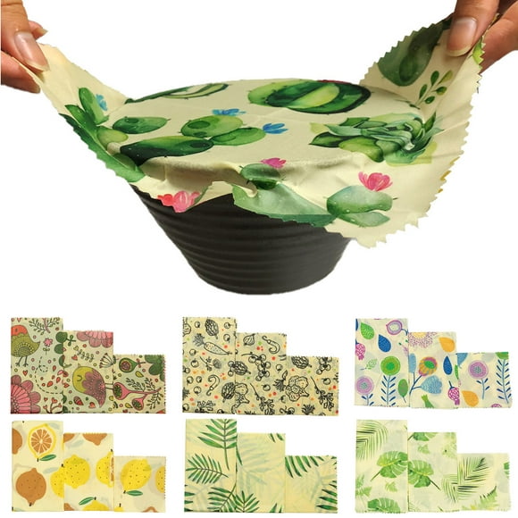 3Pcs Conservation des Aliments Tissu Impression Motif Réutilisable Pain de Coton Sandwich Emballage Beewax Wrap pour le Stockage de la Nourriture