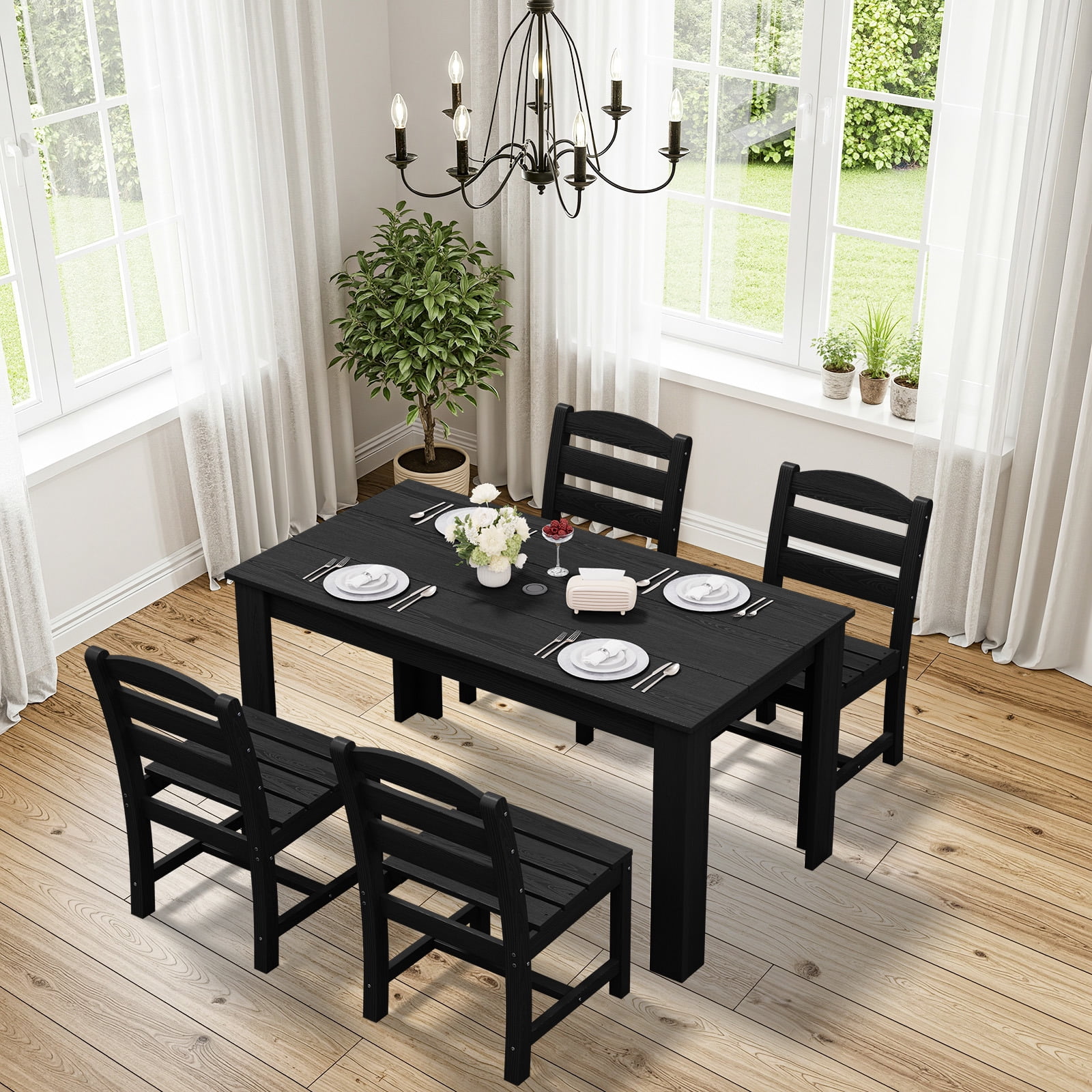 SERWALL Outdoor Dining Set for 10, 2 Outdoor Dining Tables with Umbrella Hole and 10 Armless Dining Chairs, All Weather Patio Dining Set, Black