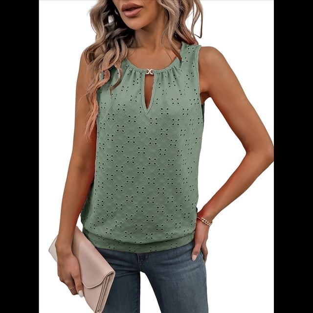 Blusas de Verano con Ojales para Mujer, Camisetas Sin Mangas con Cuello Redondo, Camisetas para Mujer Verde L