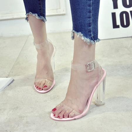 

SPRING PARK Square Toe Summer Women Sandals Fashion Transparent Spike Thin High Heel Buckle