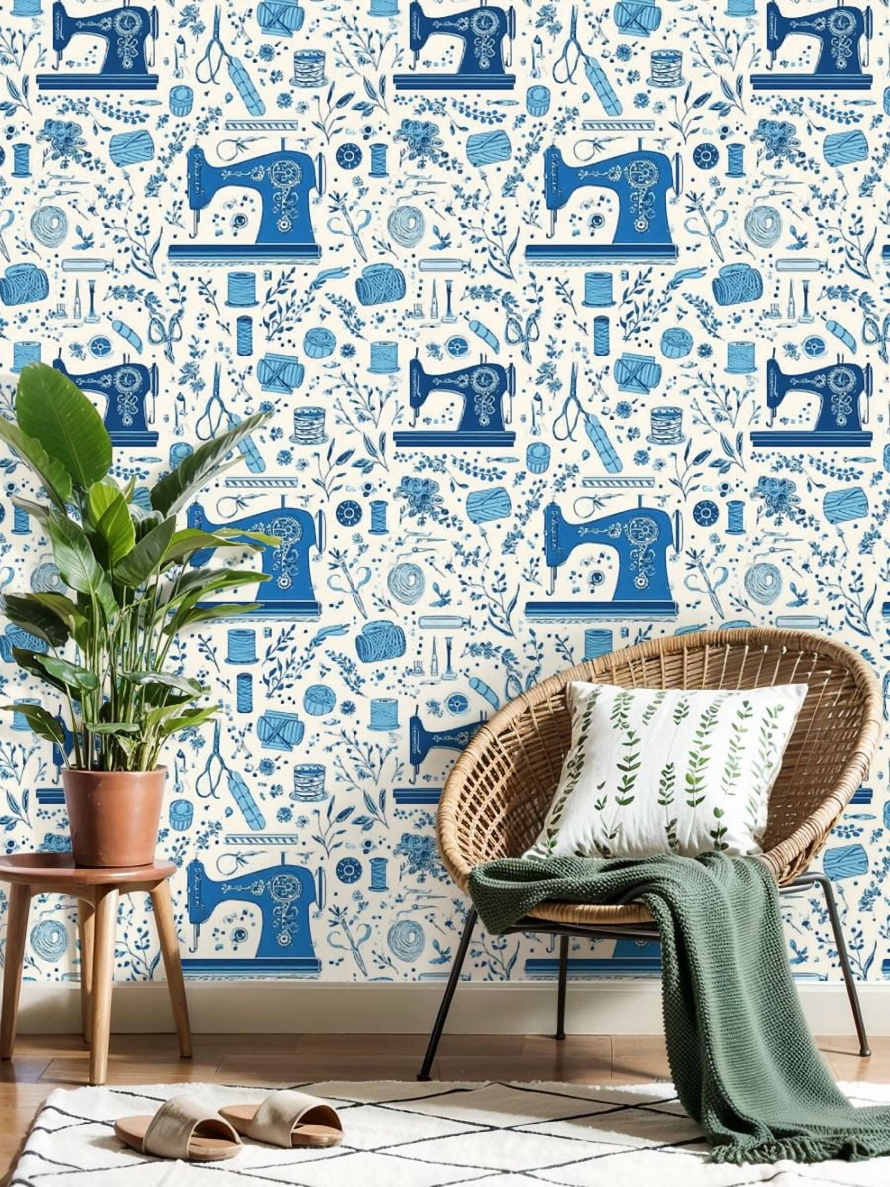 Peel and Stick Wallpaper 17.7in x 9.8ft Blue White Seamless Sewing Vintage Machines Notions Contact Paper Vinyl Self-Adhesive Removable Wall Paper for Bedroom DIY Home Decor Renter Friendly