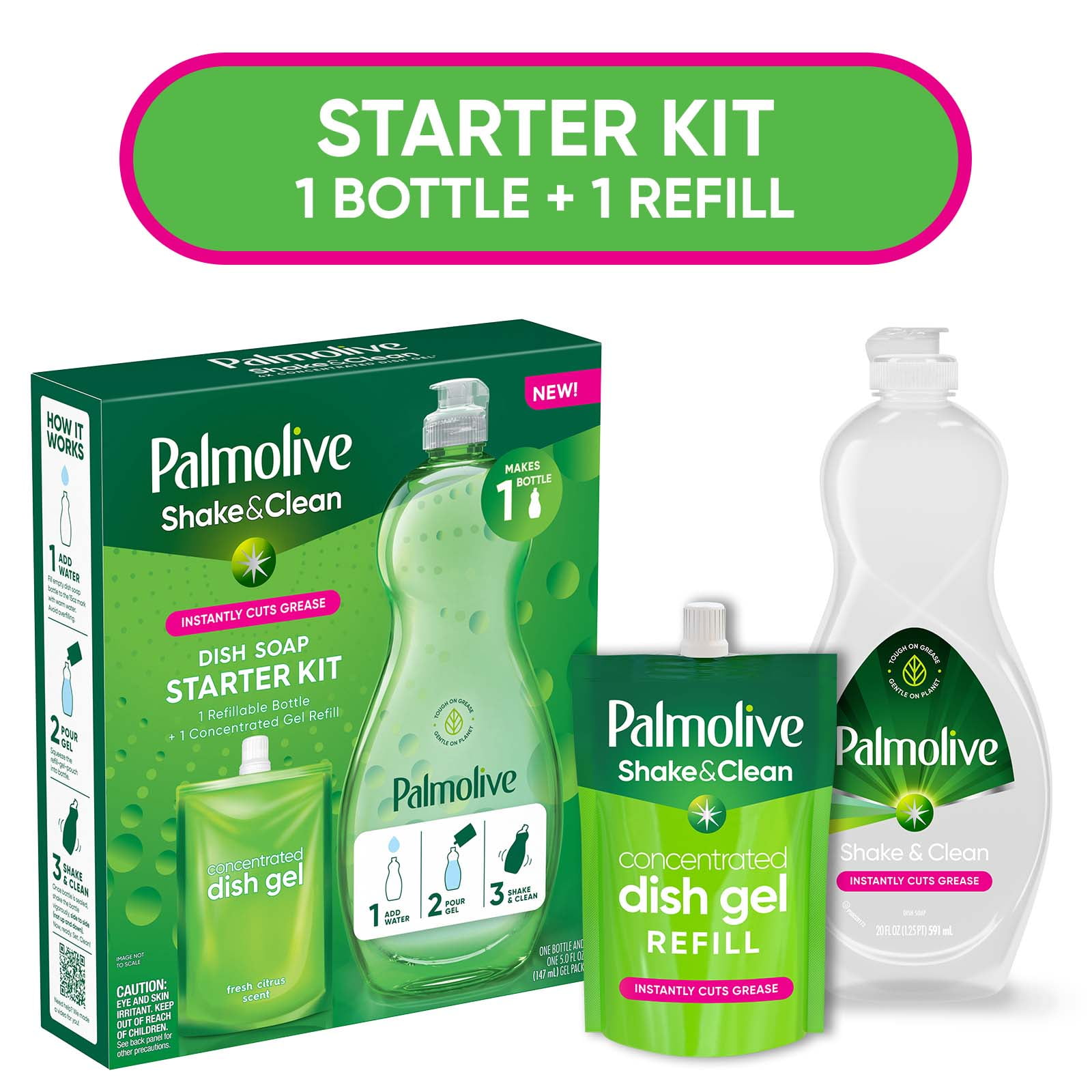 Palmolive Shake & Clean Starter Kit, Dish Soap Concentrate, 20 oz, Fresh Citrus Scent