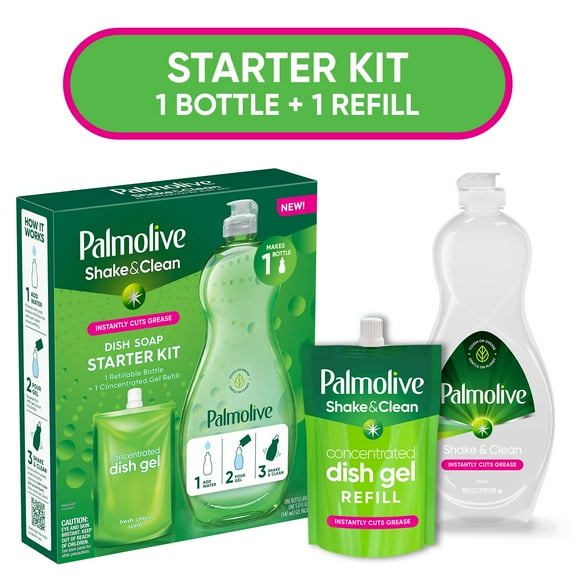 Palmolive Shake & Clean Starter Kit, Dish Soap Liquid Refill Pouch with Reusable Bottle, Gel Dish Soap Concentrate, Lemon Citrus Scent