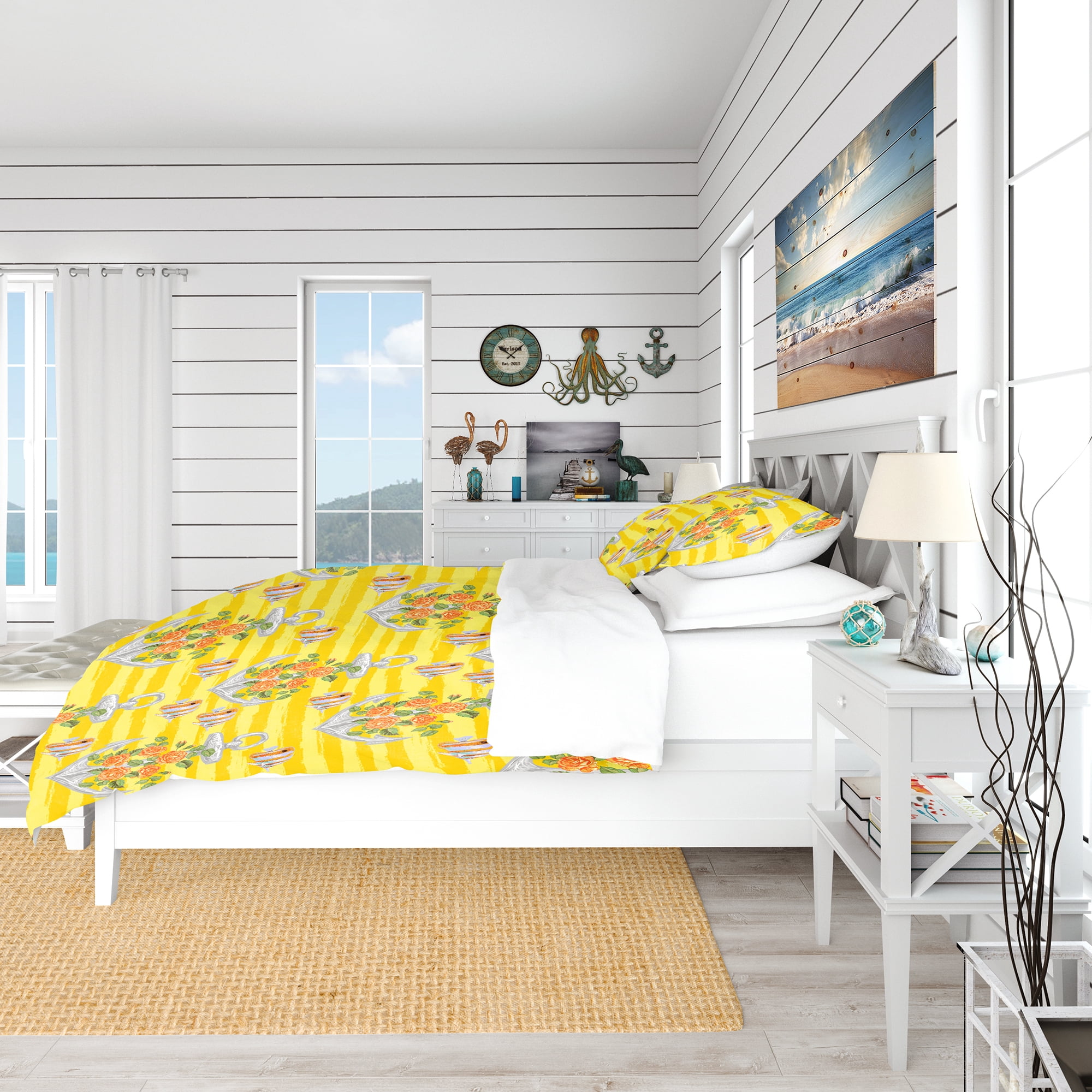 Designart 'Yellow Anchor Pattern' Nautical & Coastal Duvet Cover Set