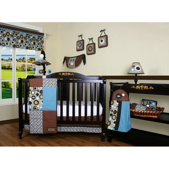 Bumperless 12 Pieces Blue/Brown Scribble Baby Nursery Crib Bedding Set