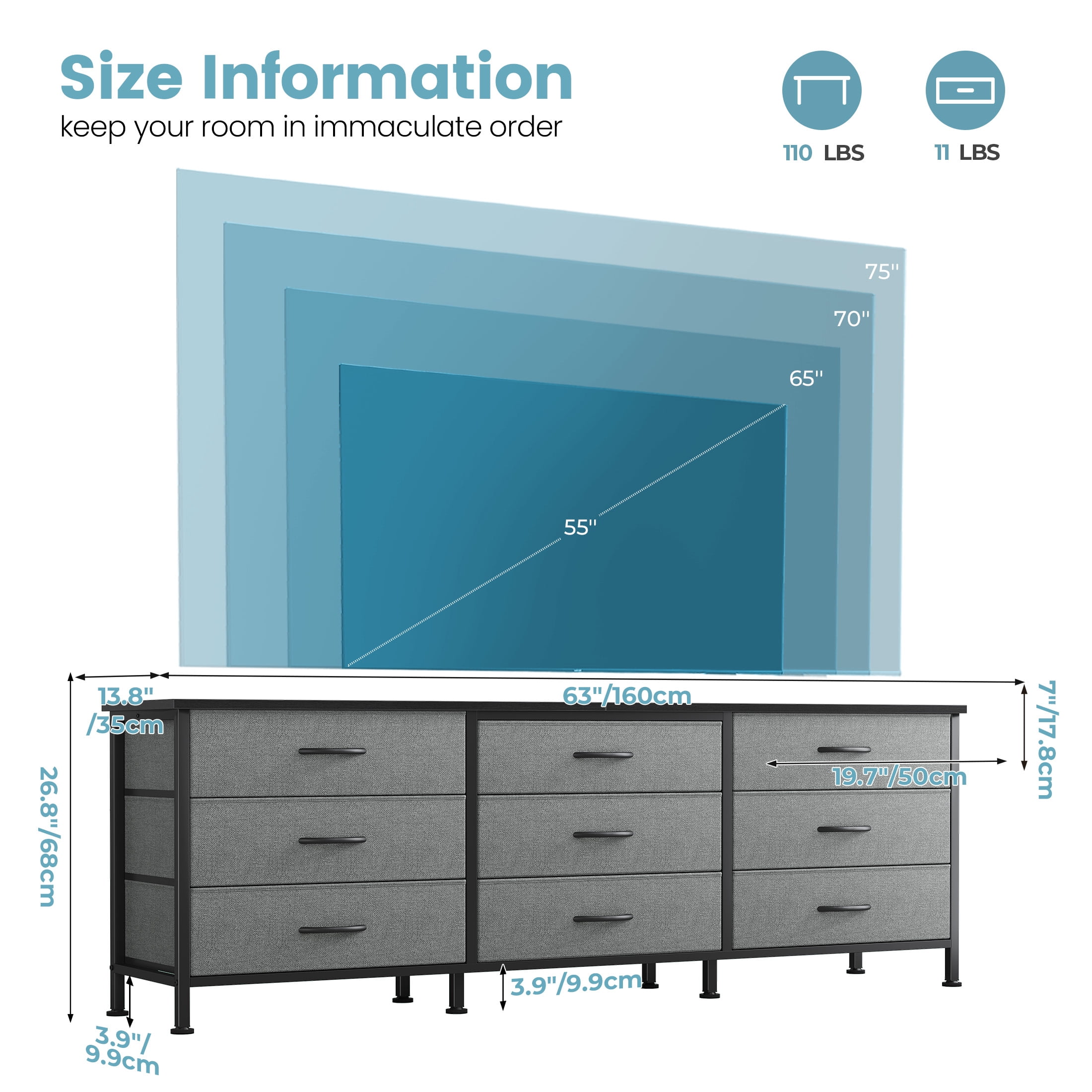 CONCETTA 9 Drawer Storage TV Dresser, Metal Frames Resist Deformation, Adjustable Feet Prevent Tipping, Accommodates TV Up to 75 inch, Suitable for Living Room,Gray