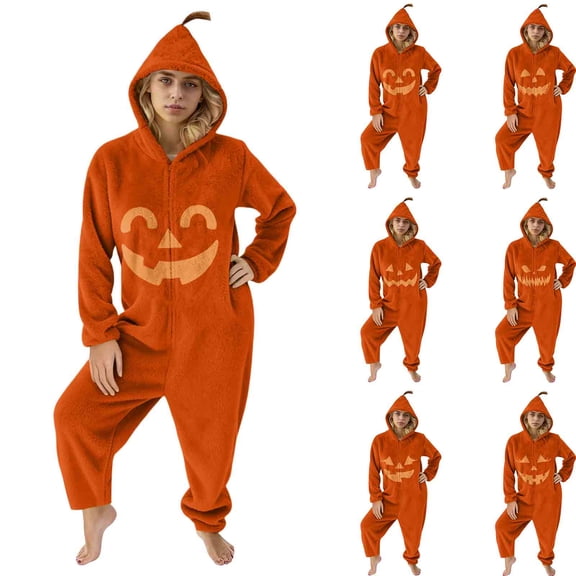 Halloween Fleece Onesie for Women Pumpkin Hooded One Piece Soft Plush Halloween Pumpkin Costume Hooded Pumpkin Pajamas for Halloween Party Cosplay, Lounge & Sleepwear Jumpsuit