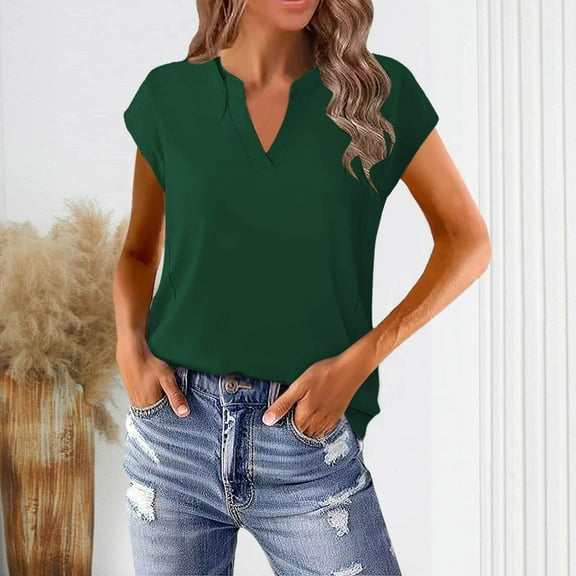 ALLLIST Womens Tops V Neck Summer Short Sleeve T-Shirts Solid Green Trendy Shirts Womens Clothing