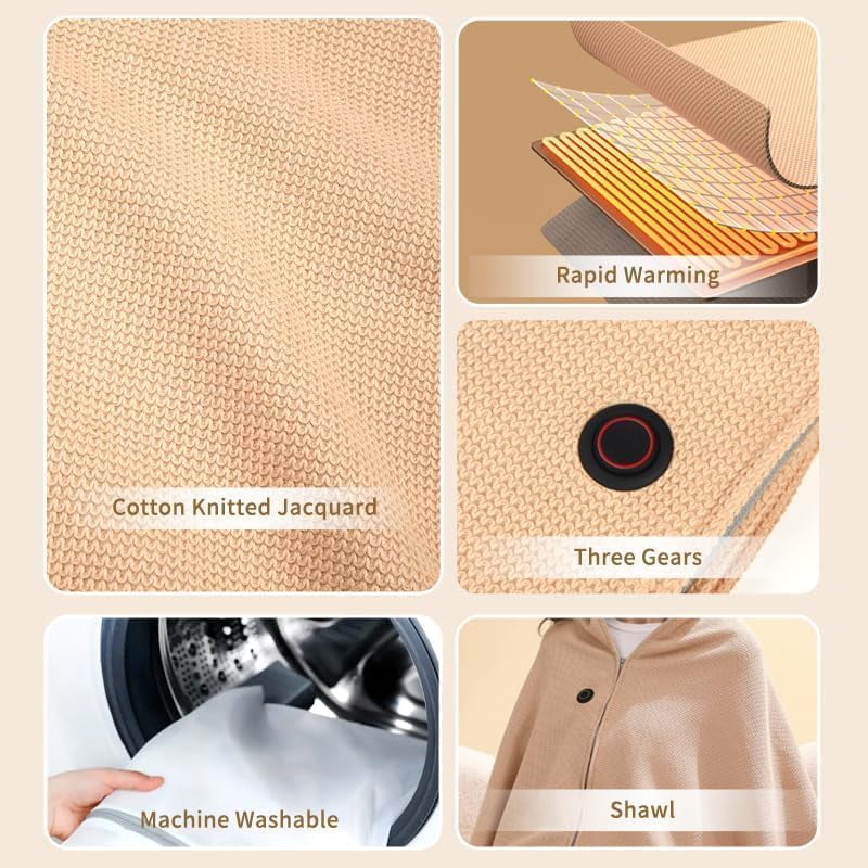 LmnLft Portable Heated Shawl, Heated Shawl Wraps for Women & Men, 3 Heating Levels USB Heated, Washabel Soft Zipper Blanket Shawl for Winter Spring
