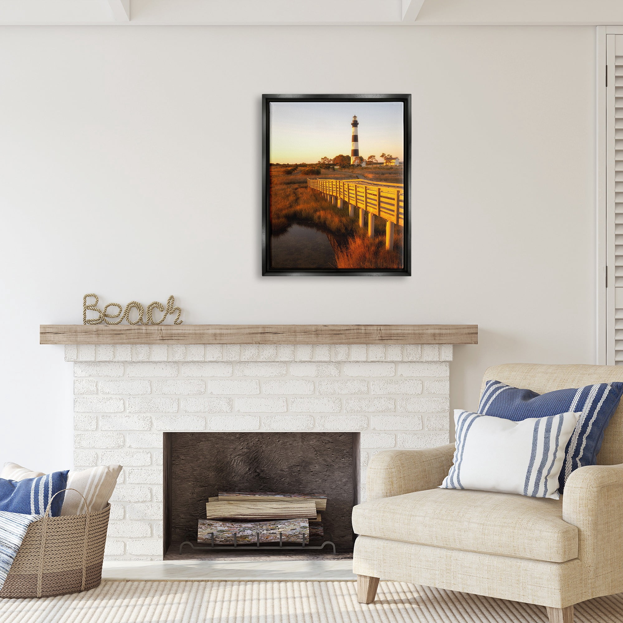 Stupell Industries Bridge to Lighthouse Nature Photography Black Floater Framed Canvas Art Print Wall Art, 25 x 31