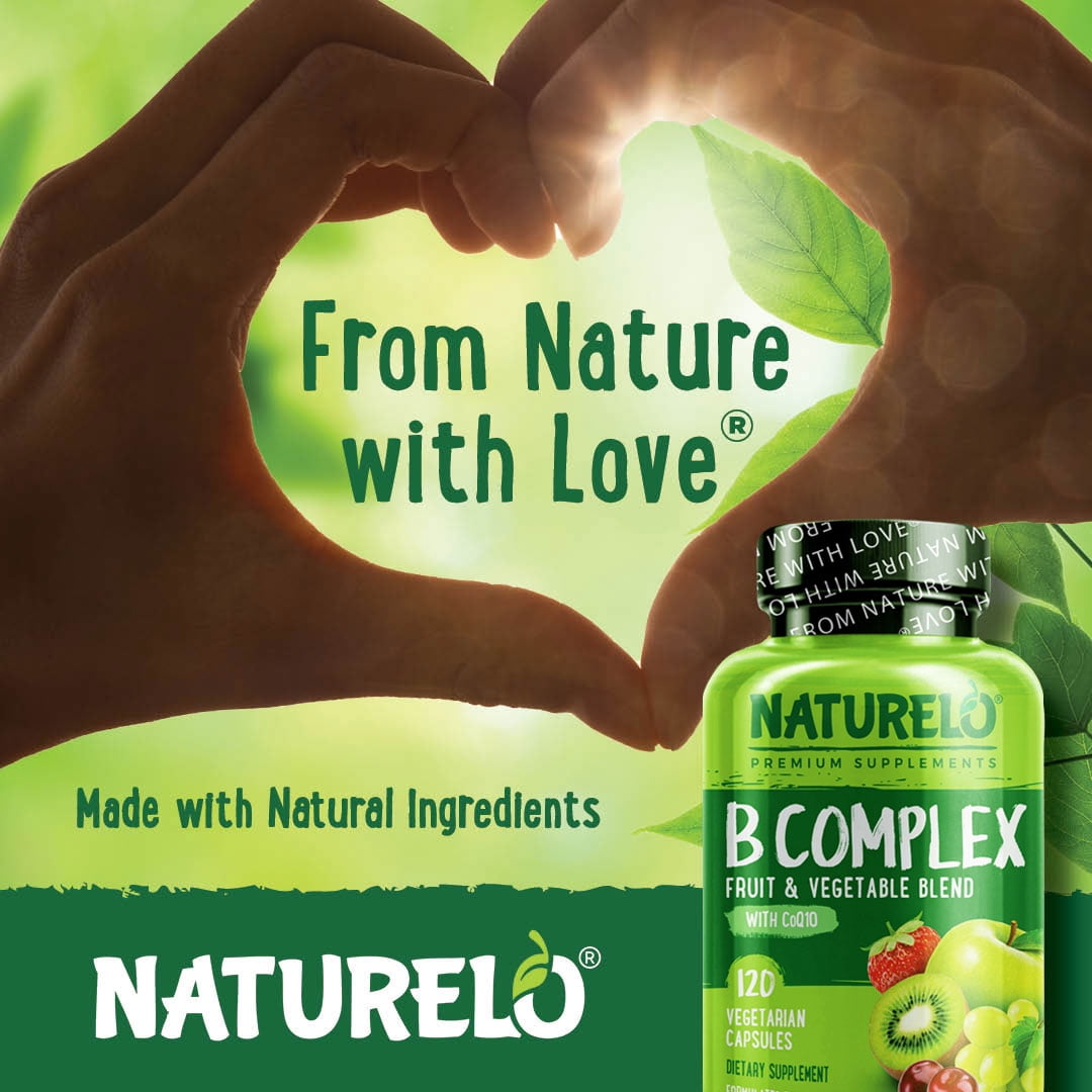 NATURELO Vitamin B Complex with Methyl B12, Methyl Folate, Vitamin B6, Biotin Plus Choline, CoQ10, and Fruit & Vegetable Blend - Supports Energy & Healthy Stress Response - Vegan - 120 Capsules