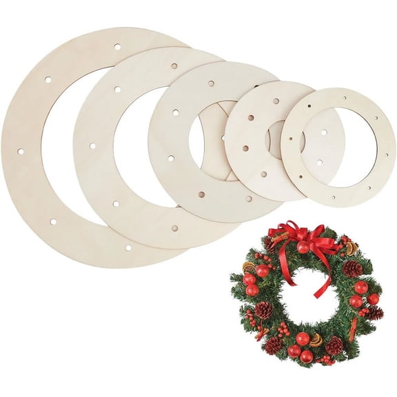5Pcs 5Styles Round Wreath Board Wooden Wreath Frames Wreath Rings for DIY Crafts Hanging Wreaths Christmas Ornaments Circle Unfinished Wood with Hole for Wedding Halloween Decor Supplies DIY