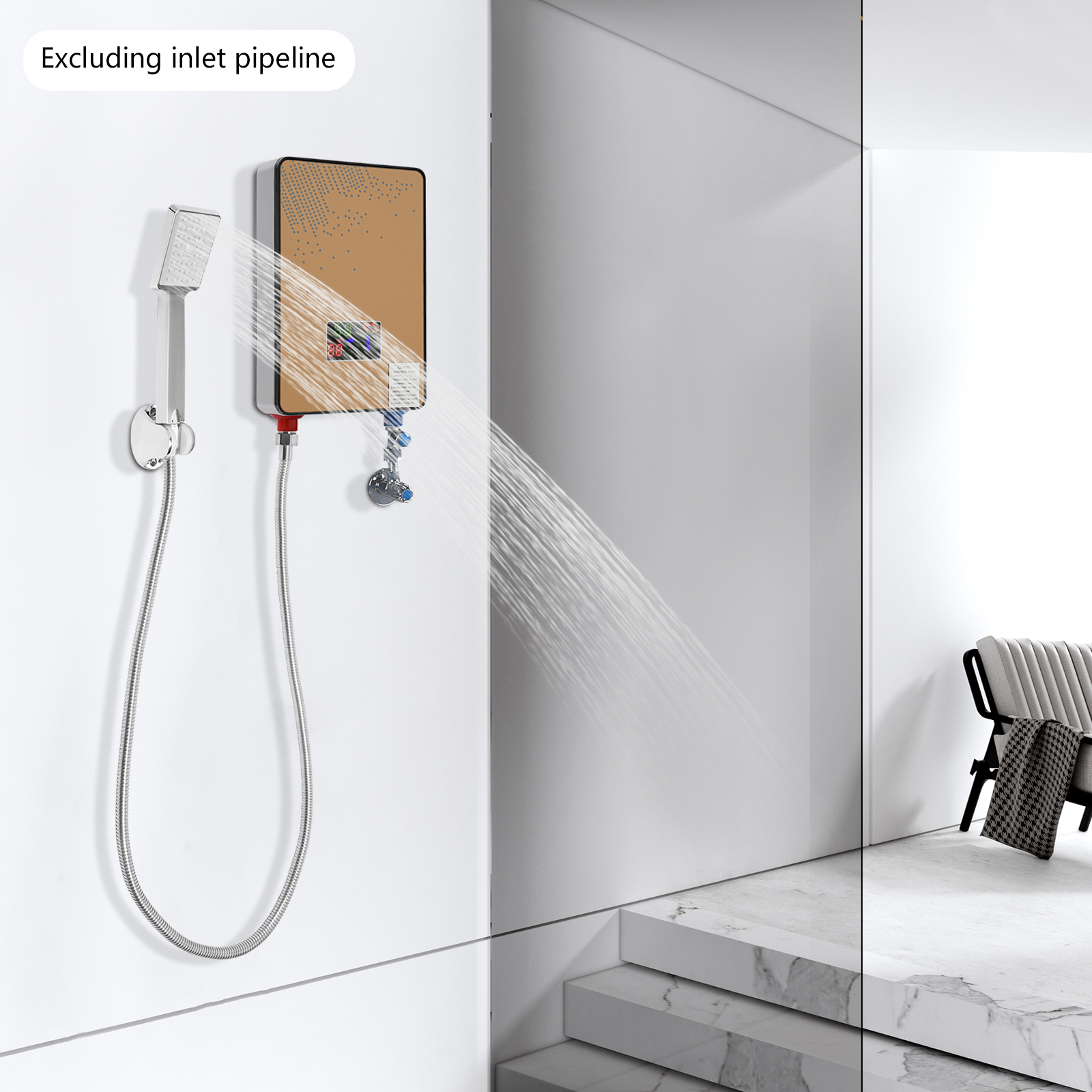 Peakora Electric Tankless Water Heater Gold 4500w Residential Instant Water Heater Electric LED Display with Shower Adjustable Instant Hot Water Heater for Bathrooms Hairdressing Salons Hotels