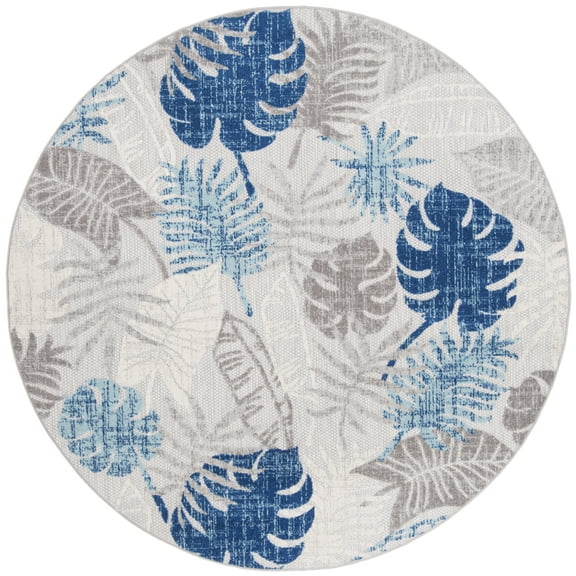 SAFAVIEH Cabana Kuzman Botanical Indoor/Outdoor Area Rug, Grey/Blue, 4' x 4' Round
