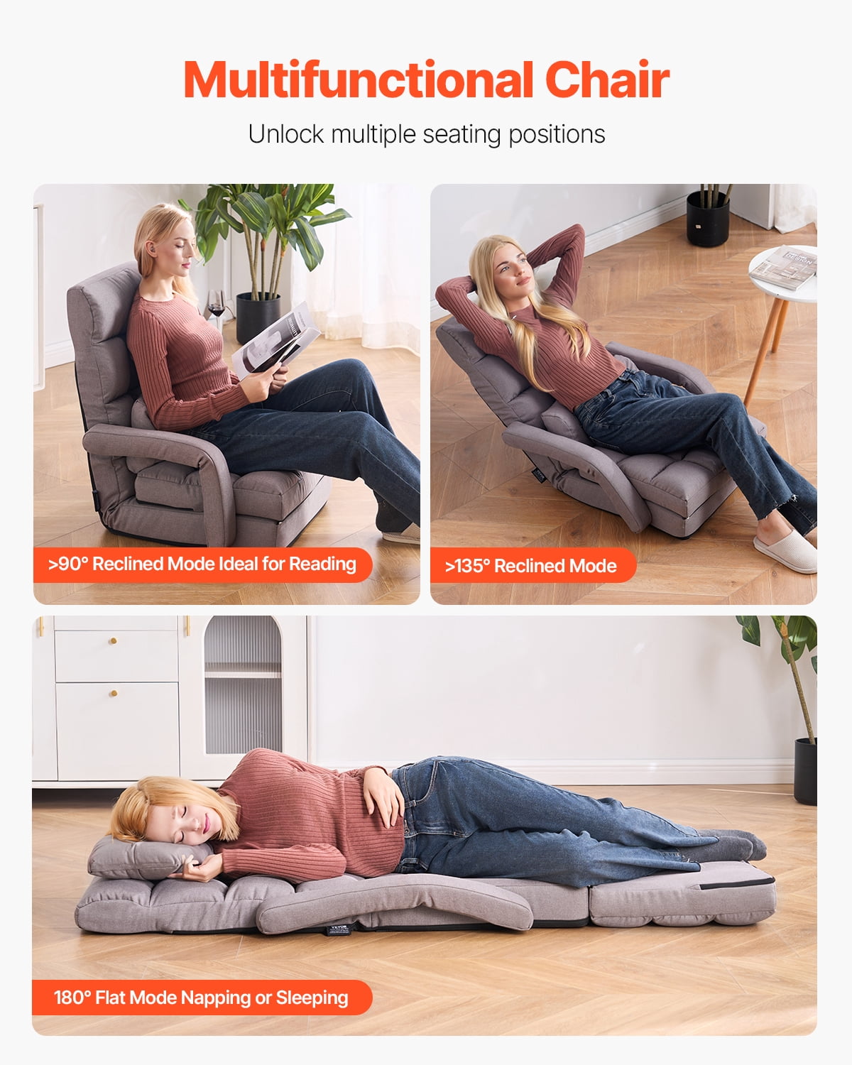 VEVOR Floor Chair, Floor Gaming Chair with 5 Adjustable Position and Back Support, Folding Sofa Chair with Armrest for Adults, Sofa Lounger Bed with Back Cushion for Living Room and Bedroom, Gray