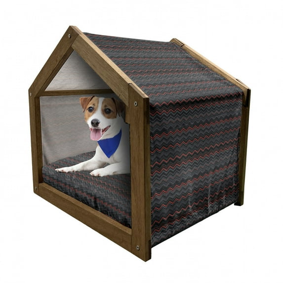 Abstract Pet House, Horizontal Zigzag Chevron Design with Bold Thin Print, Outdoor & Indoor Portable Dog Kennel with Pillow and Cover, 5 Sizes, Charcoal Grey Pale Grey, by Ambesonne