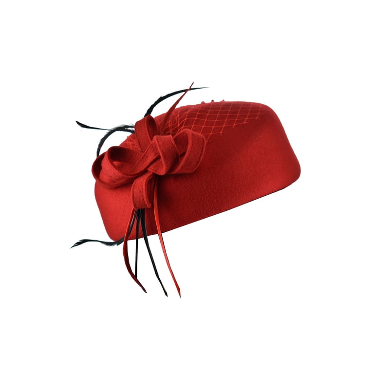 Red Wool Ladies Hat with Ribbon Trim & Feathers Vintage 100% Red Wool Hat by Peachfelt with Ribbon and  main image 3