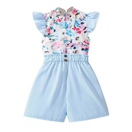 

Fshinging Outfits for Toddlers Kids Girls Summer Floral Printing Flying Sleeve T Shirt Top Striped Style Shorts 2Pcs Clothes Set