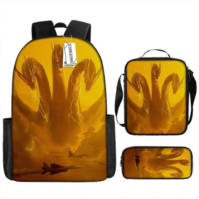 Mochila con estampado de Godzilla, juego de 3 piezas, mochila para portátil de 17 pulgadas, mochila escolar, mochila de viaje multifuncional unisex