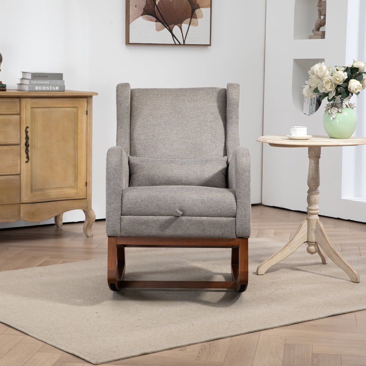 25.4"W Modern Rocking Chair for Nursery, Mid Century Accent Arm Rocker With Retractable Footrest, Side Pocket, Comfy Upholstered Wingback Wooden Glider Chair for Living Room Baby Kids Room. Taupe