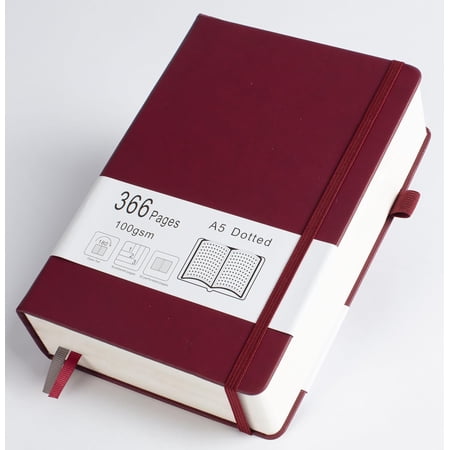 Thick Bullet Notebook with 366 Numbered Pages, A5 Dotted Journal for Writing with 100GSM Dot Grid Paper, Hardcover Leather Notebooks for Women Men School Note Taking W, 5.7"x8.3" Bungandy