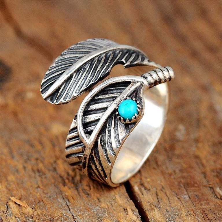 Adjustable Tribal Feather Ring With Synthetic Turquoise - 925 Sterling Silver Boho Chic