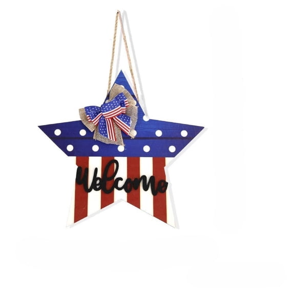 SLYNSHome 4th of July Star Wreath Wooden Hanging Sign Patriotic Door Decorations Independence Day Welcome Sign Wreaths Wood Door Sign for Memorial Day