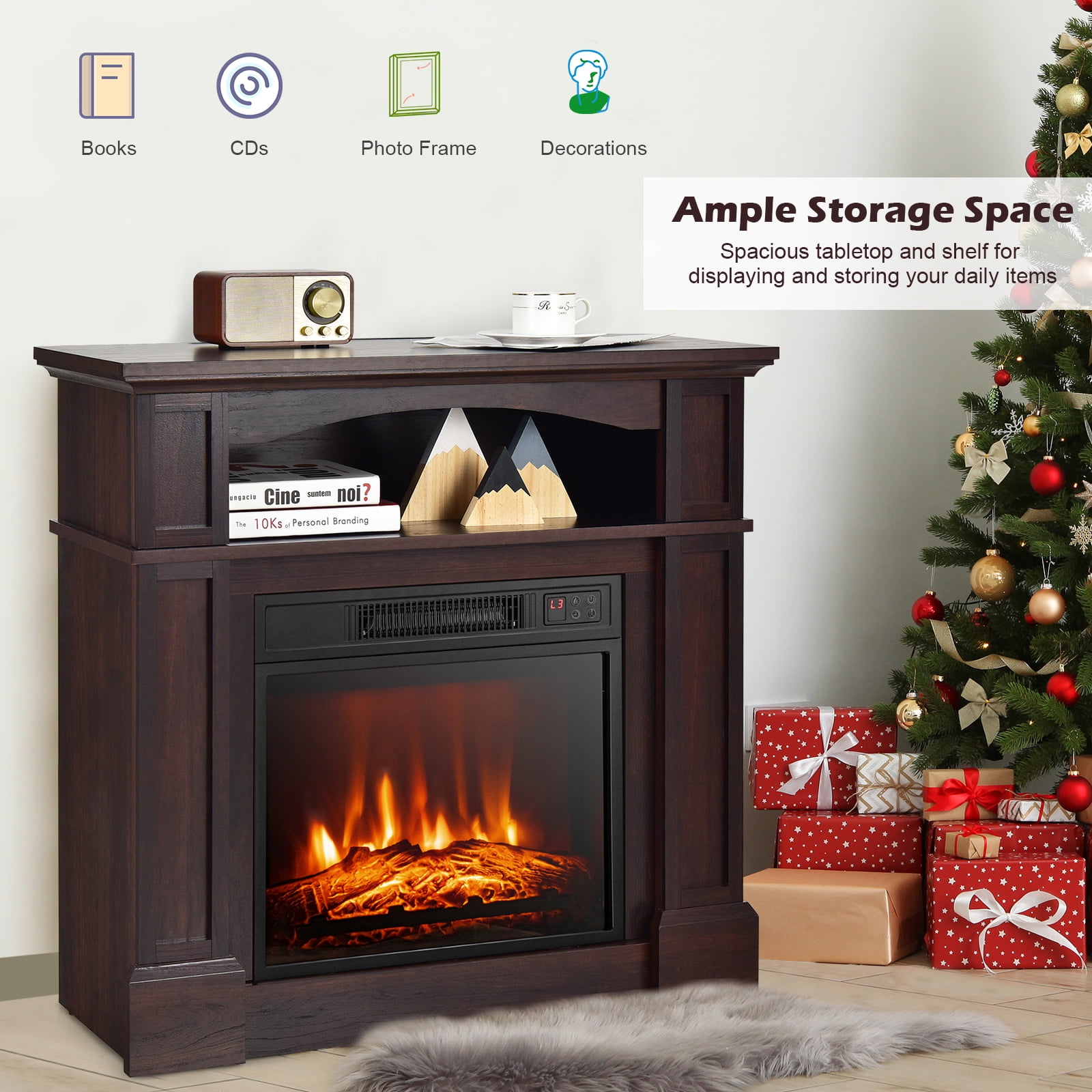 Topbuy 32" Electric Fireplace with Mantel 1400W Freestanding Heater with Remote Control & Adjustable Brightness Brown