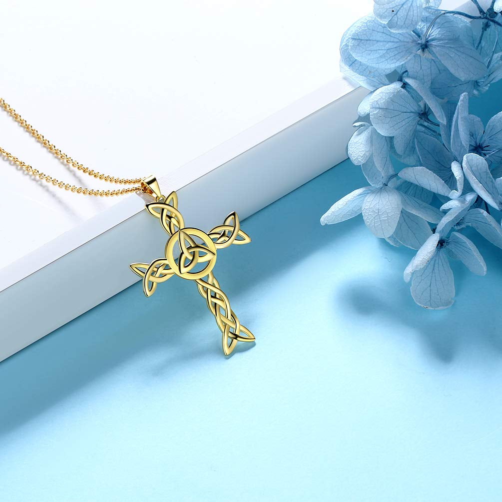Hipunk 925 Sterling Silver 18K Gold Plated Celtic Cross Necklace for Women Men Trinity Triquetra Knot Pendant Necklace Irish Religious Jewelry Fathers Day Gift