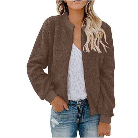 DUMUIELD Women's Sherpa Fleece Jacket Fall Long Sleeve Faux Fuzzy Casual Zip Up Bomber Jackets Winter Coat With Pocket S-XXL