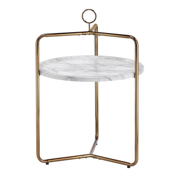 Bowery Hill Mid-Century White Faux Marble and Gold Metal Side Table