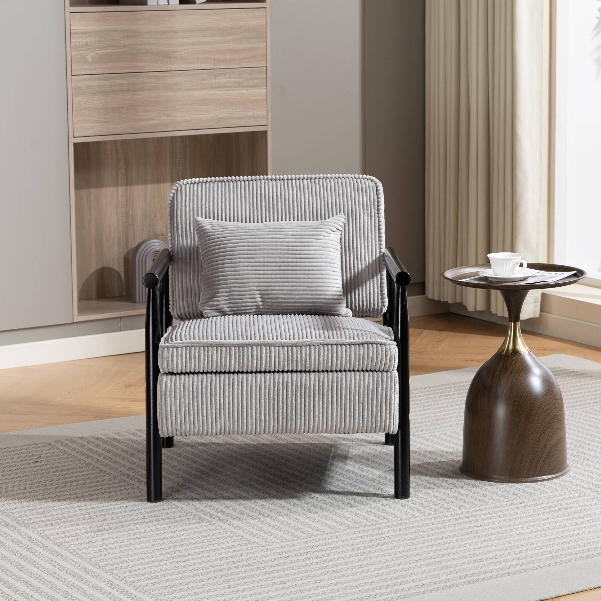 Mid-Century Accent Chair with Storage, Modern Comfy Reading Armchair with Lumbar Pillow for Living Room, Grey